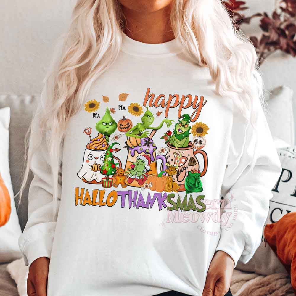 Happy HaloThankSmas Grinch Christmas Sweatshirt - Western Meowdy