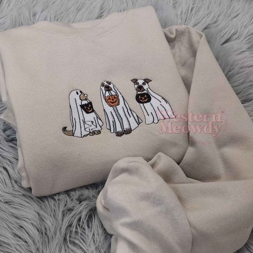 Ghost Dogs Trick or Treat Halloween Embroidered Sweatshirt
