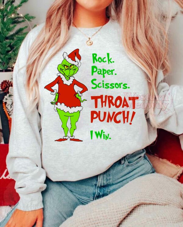 Rock Paper Scissors THROAT PUNCH I WIN Grinch Sweatshirt
