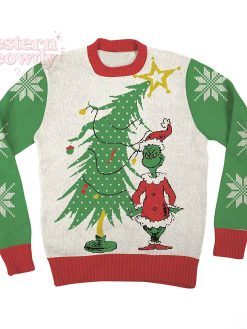 Dr Seuss Grinch As Santa Next To Tree Ugly Christmas Sweatshirt