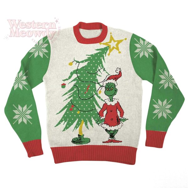 Dr Seuss Grinch As Santa Next To Tree Ugly Christmas Sweatshirt