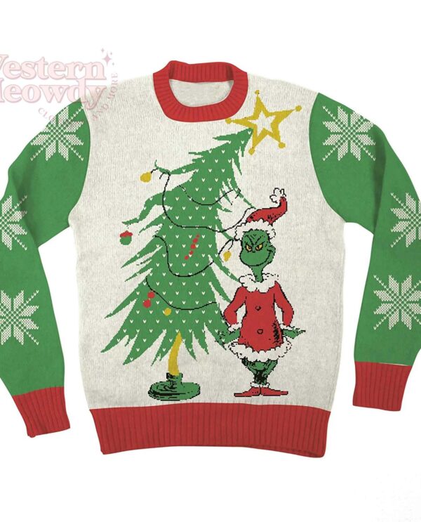 Dr Seuss Grinch As Santa Next To Tree Ugly Christmas Sweatshirt
