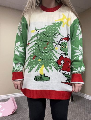 Dr Seuss Grinch As Santa Next To Tree Ugly Christmas Sweatshirt photo review