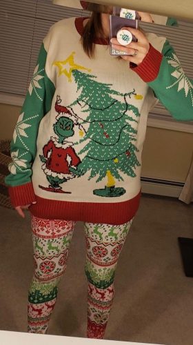 Dr Seuss Grinch As Santa Next To Tree Ugly Christmas Sweatshirt photo review