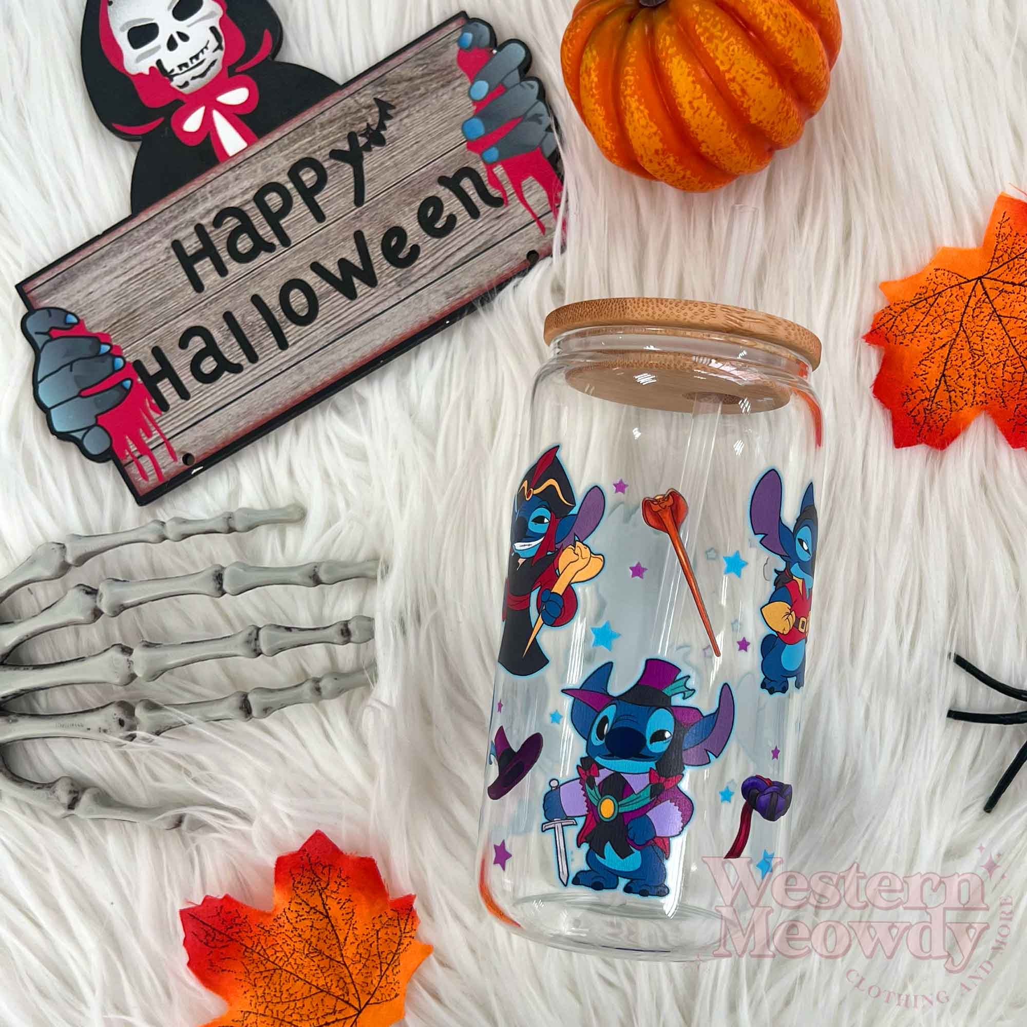 Stitch Halloween Witch Coffee Cups 16oz Libbey Glass - Western Meowdy