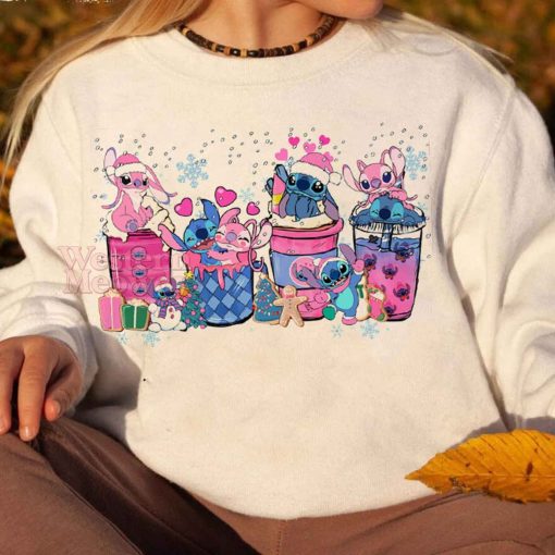 Stitch Coffee Cups Christmas Pink Sweatshirt