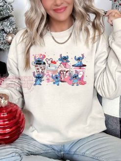 Stitch Coffee Cups Pink Blue Christmas Sweatshirt