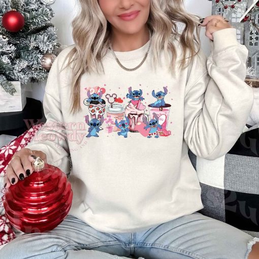 Stitch Coffee Cups Pink Blue Christmas Sweatshirt