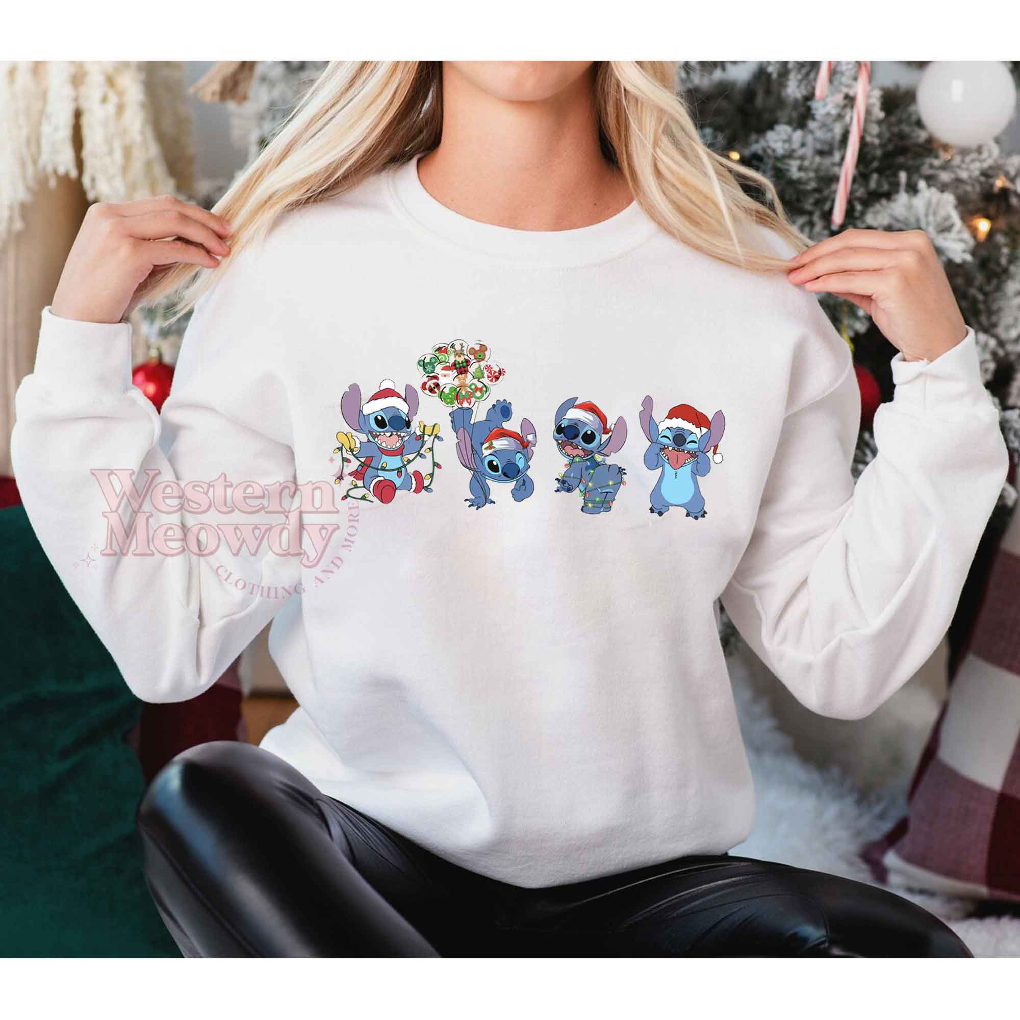 Stitch And Angel Christmas Faux-Embroidered Sweatshirt - Western Meowdy