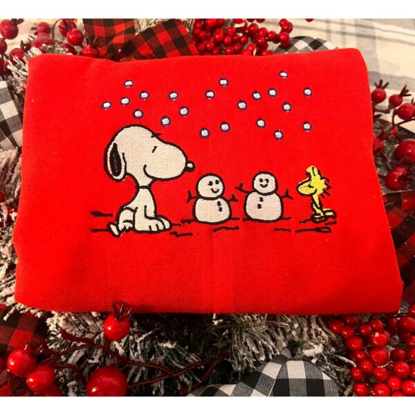 Snoopy And Woodstock Christmas Snowman Embroidered Sweatshirt