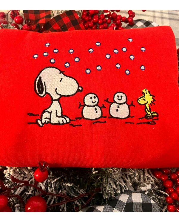Snoopy And Woodstock Christmas Snowman Embroidered Sweatshirt