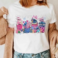 Stitch Coffee Cups Christmas Pink Sweatshirt Stitch Coffee Cups Christmas Pink Sweatshirt