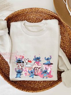 Stitch Coffee Cups Pink Blue Christmas Sweatshirt